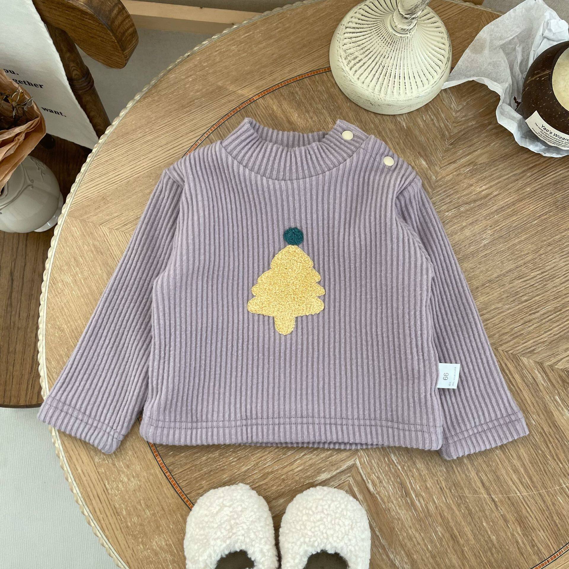 INS款冬季双层加绒婴幼儿刺绣圣诞树长袖半高领可开扣打底衫
