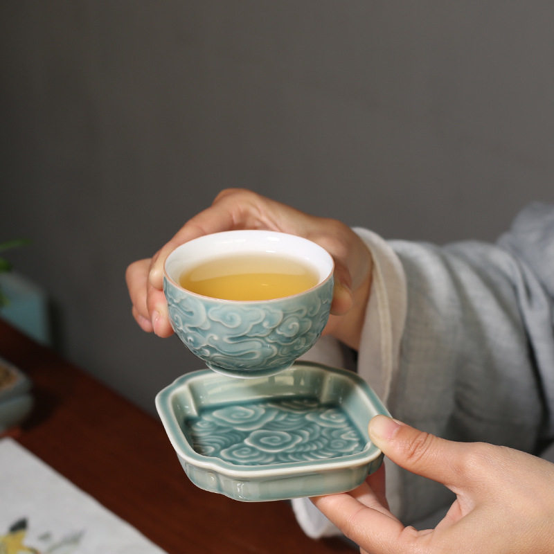 浮雕祥云茶杯垫陶瓷茶具隔热垫纯色功夫茶道配件杯托