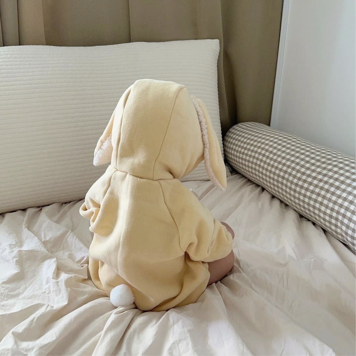 婴儿秋冬加绒加厚兔耳朵连帽连体衣男女宝宝呆萌兔宝宝外穿包屁衣