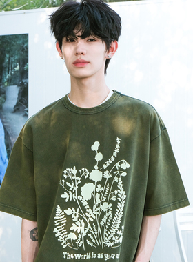 WUR插画洗水做旧短袖T恤男宽松夏季2025新款情侣休闲重磅280g半袖