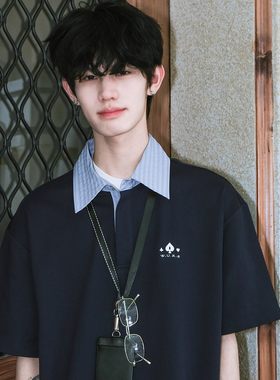 WUR美式拼接假两件格子短袖polo衫男夏季2025新款宽松休闲情侣T恤