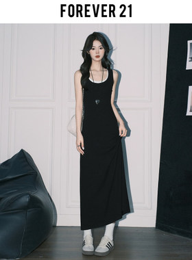 Forever 21气质休闲假两件A字洋装女黑色U领拼接包臀背心长裙子