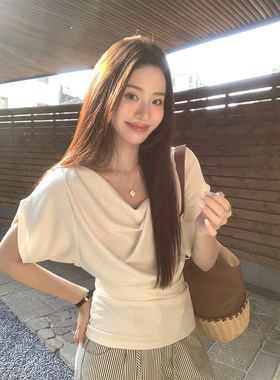 文然WENRAN 法式白色垂折领短袖T恤女夏季收腰显瘦通勤百搭气质上