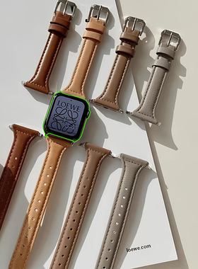 适用iwatch8910皮质表带小蛮腰苹果手表SE简约细女appl真皮表带