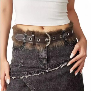 小众辣妹风皮带宽版仿皮草毛毛腰封做旧皮革腰带时尚腰饰潮牛仔裤