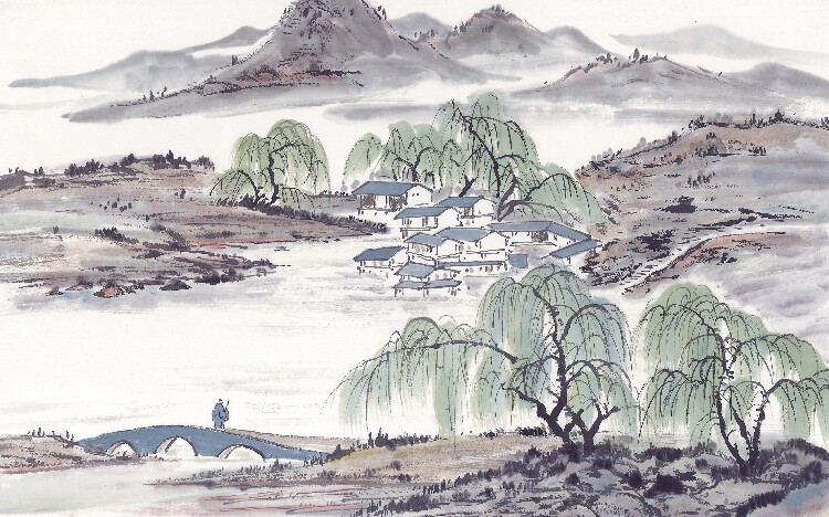 高清晰横版山水国画水墨图柳树小桥流水淡雅诗意背景墙壁装饰贴画