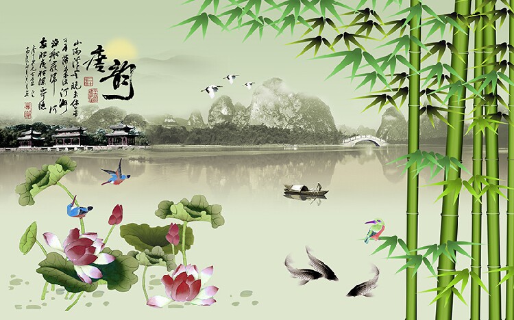 定制唐韵中国风绿竹山水客厅沙发电视背景油画真丝布墙壁装饰图画