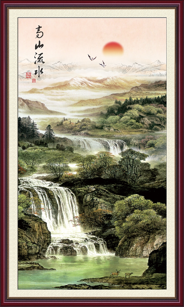 竖幅高山流水背胶油画布有框墙壁