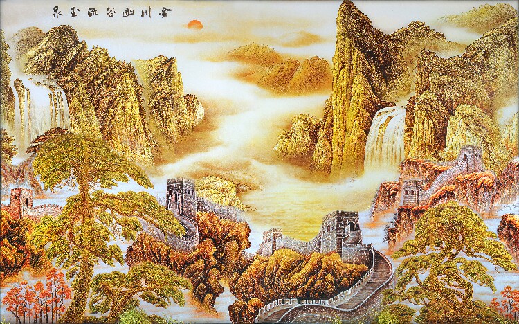 定制长城流水生财靠山迎客松客厅电视背景油画真丝布墙壁装饰图画