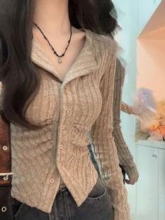 T恤衬衫 辣妹设计感短款 针织上衣女小众正肩收腰显瘦bm风外穿长袖