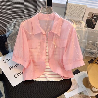 雪纺polo领短袖短款衬衫防晒衣女夏外搭小披肩新款开衫上衣薄外套