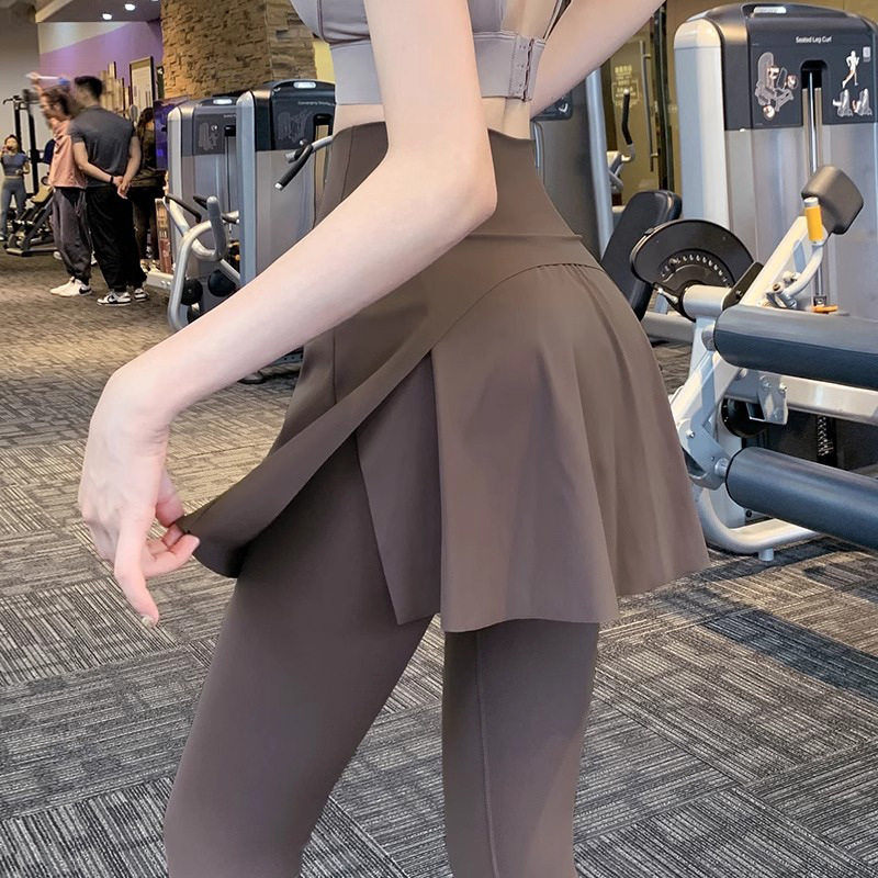大码瑜伽裤裙女假两件高腰收腹健身裤普拉提紧身跑步运动长裤秋冬