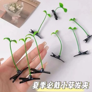 创意清新可爱搞怪仿真立体小草豆芽慢羊羊头上长草卖萌发夹卡子