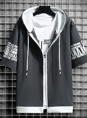 夏季潮流男装男拉链连帽卫衣短袖外套上衣学生班服团服运动休闲衫