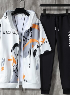 春秋潮流连帽卫衣套装男潮牌短袖外套上衣学生班服团服运动休闲衫