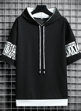 夏季潮流男装男套头连帽卫衣短袖外套上衣学生班服团服运动休闲衫