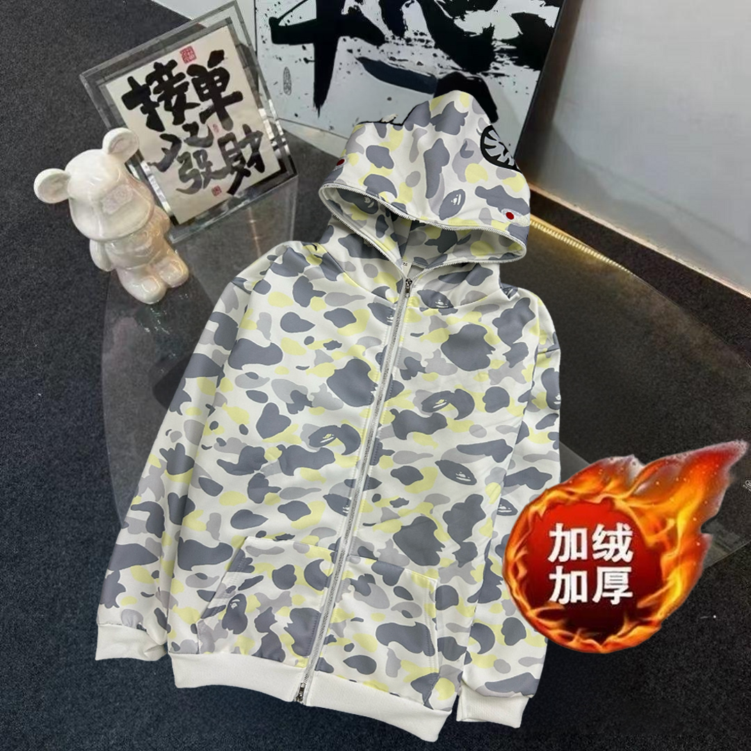 加绒加厚刺绣白色鲨鱼外套单帽冬季卫衣连帽高街男女学生情侣卫衣