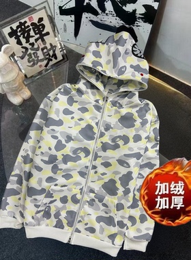 加绒加厚刺绣白色鲨鱼外套单帽冬季卫衣连帽高街男女学生情侣卫衣