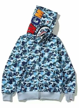 春秋新款重磅日系鲨鱼头美式潮牌迷彩单帽卫衣连帽男女同款外套潮