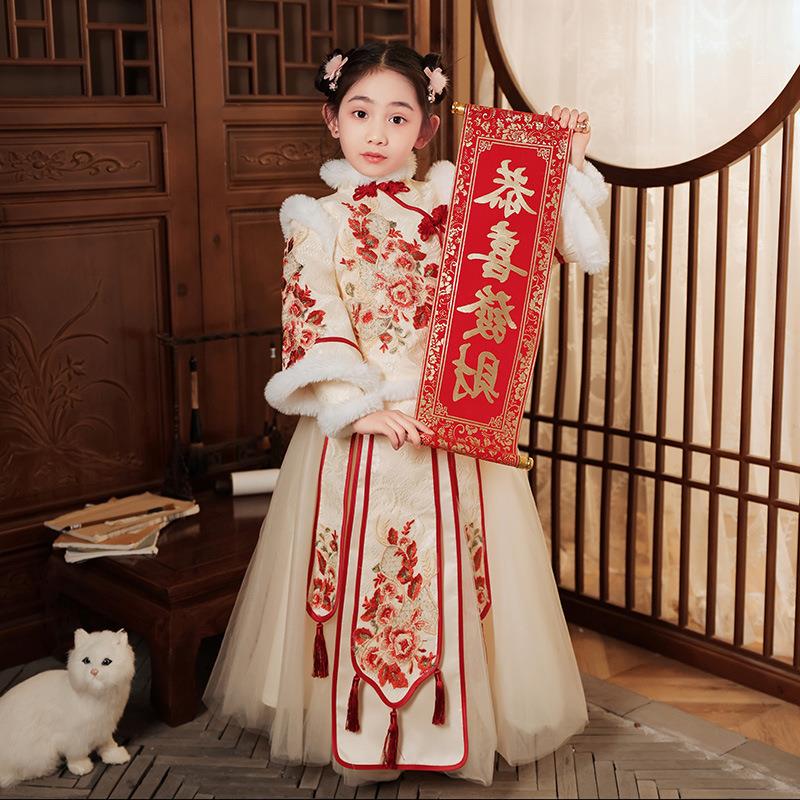 汉服冬季女8童古风唐装襦裙加厚儿9童中国风拜年服过年服洋气冬