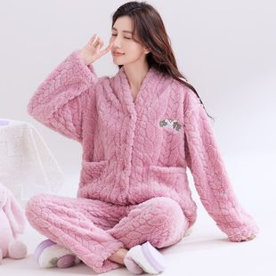 长毛绒睡衣秋冬季加肥保暖法兰绒加厚家居服套装可外穿珊瑚绒女士