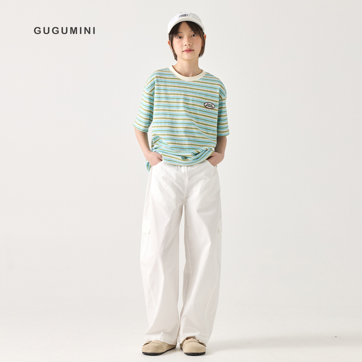 gugumini童装春夏女童大童全棉水洗棉百搭舒适透气口袋工装裤长裤