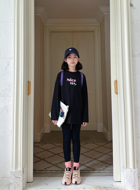 gugumini童装女童中长宽松版字母印花索罗娜黑色长袖打底衫