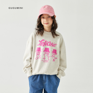 gugumini童装2025秋可露丽女童中大童全棉兔子印花套头宽松版卫衣