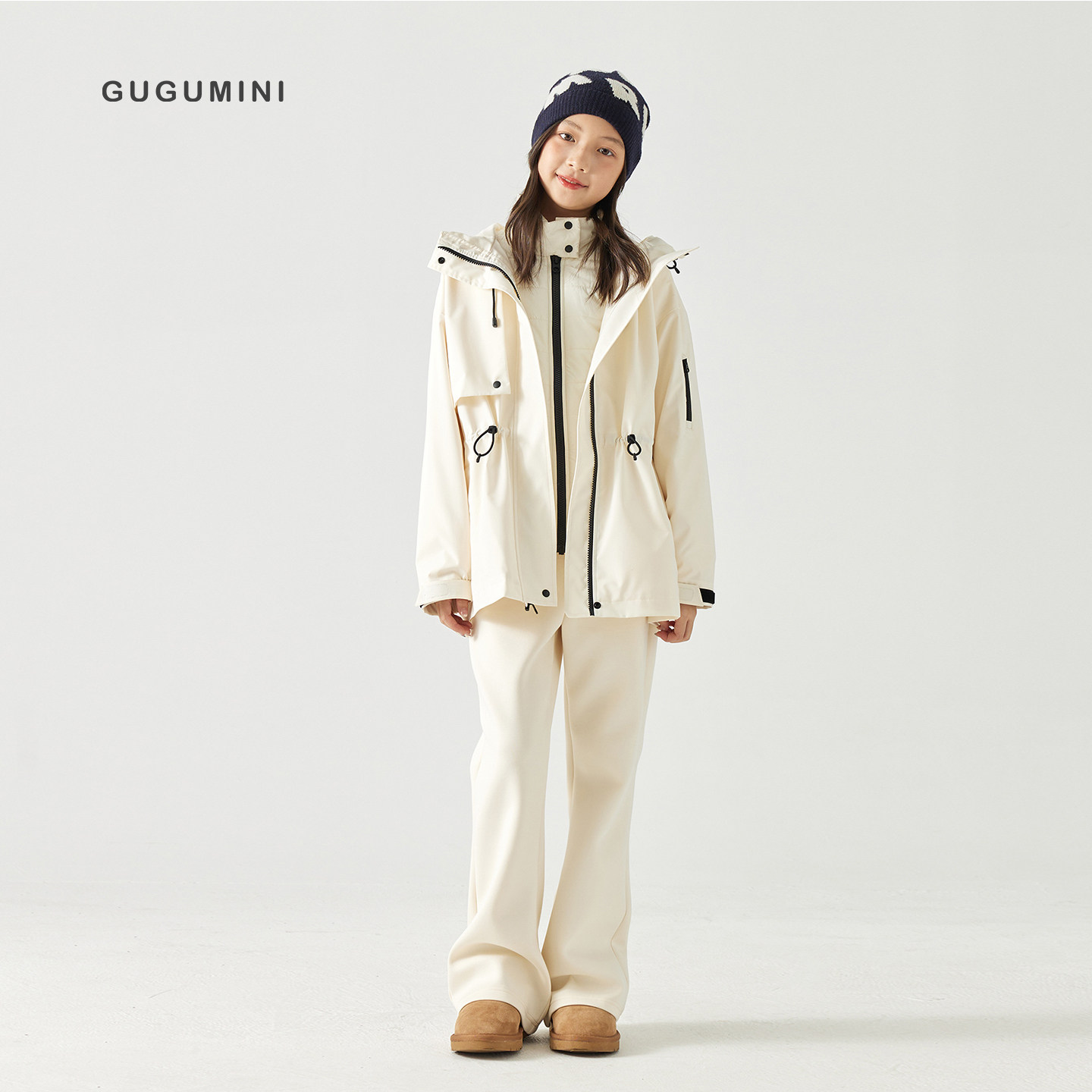 gugumini童装秋冬女童学生加绒加厚三合一冲锋衣外套保暖夹棉外套