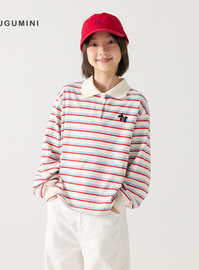 gugumini童装女童2026春夏新全棉百搭舒适透气条纹polo衫长袖T恤