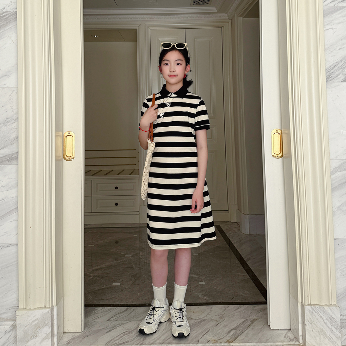 索罗娜透气凉爽条纹新中式连衣裙