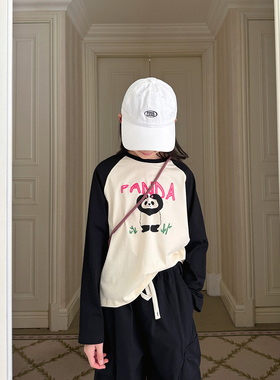 gugumini童装女童索罗娜可机洗透气速干熊猫印花插肩袖长袖T恤