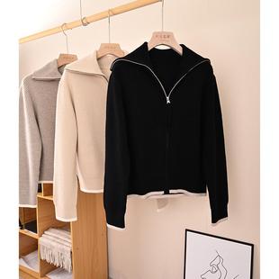 春节新品　重磅加厚流行POLO大翻领拼色双元宝拉锁纯山羊绒开衫女