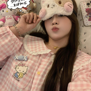 HelloKitty粉色格子睡衣女春秋纯棉长袖凯蒂猫甜美可爱卡通家居服
