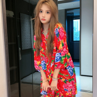 红色东北大花睡衣女夏季时尚流行休闲开衫灯笼袖薄款宽松居家套装