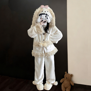 可爱毛绒小狗睡衣女冬季2025新款珊瑚绒加厚卡通可外穿家居服套装