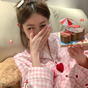 韩系长袖粉格睡衣女款春秋季2025新款大码纯棉卡通小狗家居服套装