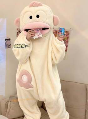 白色丑鱼连体睡衣珊瑚绒秋冬季加厚保暖搞怪卡通睡袍大嘴鱼加大码