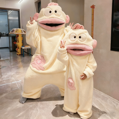 汉顿丑鱼情侣睡衣女秋冬季珊瑚绒搞怪卡通连体睡袍男款加厚一体式