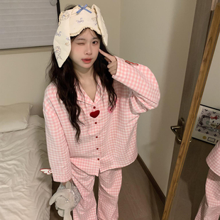 甜美可爱少女粉格子睡衣女2025新款春秋季纯棉大码长袖家居服套装