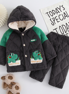 冬季女童儿童睡衣三层夹棉加厚法兰绒家居服套装连帽可爱保暖衣服