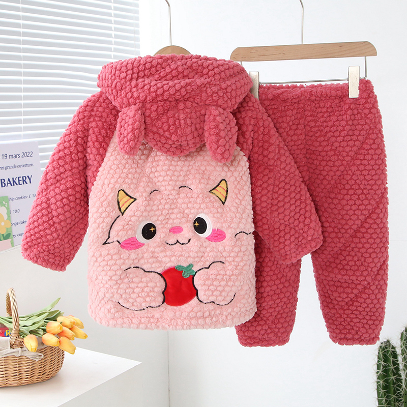 法兰绒女童连帽睡衣2023冬女孩三层夹棉加厚保暖珊瑚绒卡通家居服