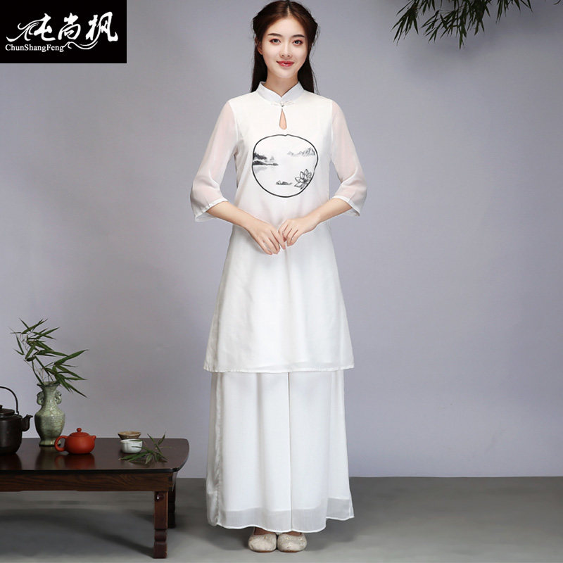 中国风中式女装唐装雪纺上衣民族风文艺禅意居士茶服瑜伽服套装