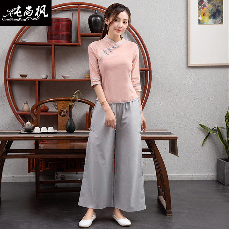 唐装女中国风套装两件套禅意茶服夏装民族风中式女装棉麻盘扣上衣
