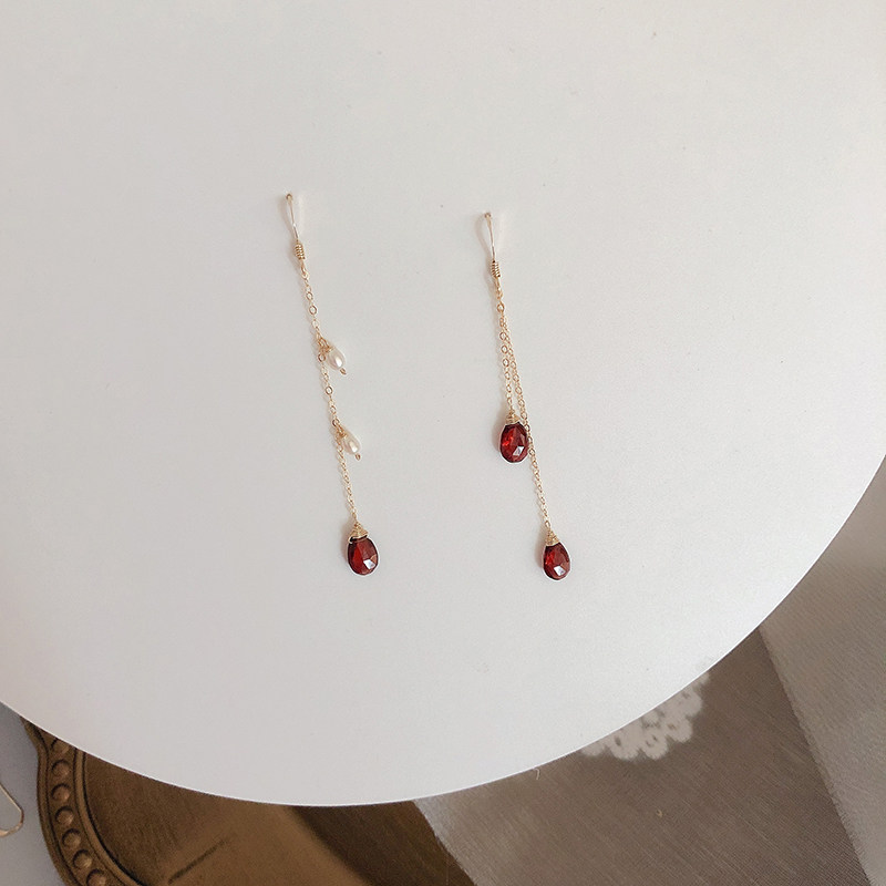 天然石榴石水滴复古暗酒红淡水珍珠修长链不对称耳环14k包金耳坠