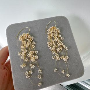 繁花复古白色捷克米珠编织花朵金丝线古董珠仙女款重工流苏耳环
