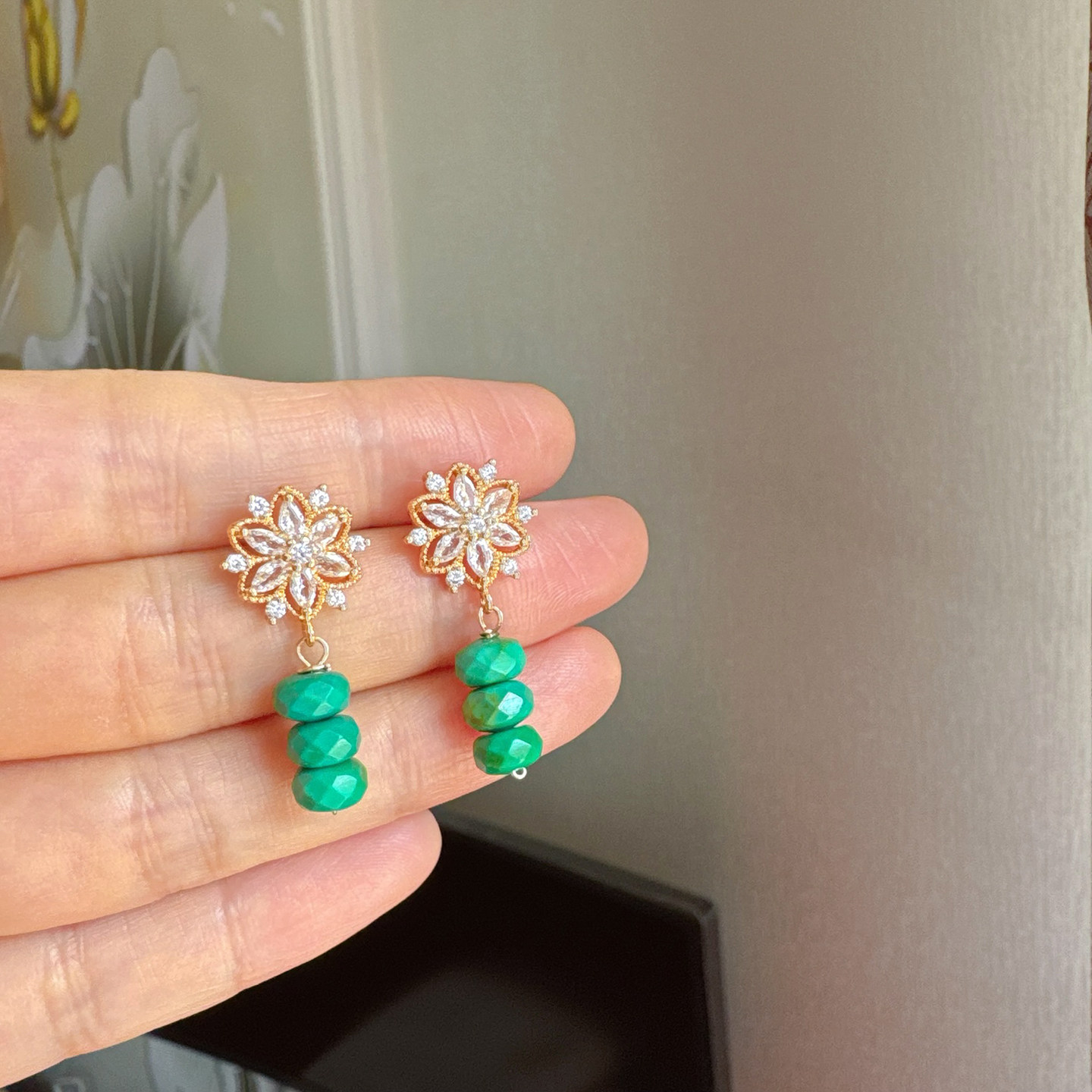 中式古风绿松石百搭雪花锆石耳钉