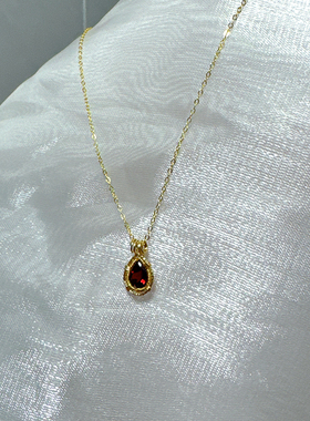 天然石榴石水滴14k包金项链