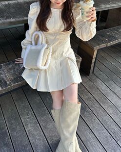 开衫 清仓 iamfino 立体裁剪优雅裁片拼接 连衣裙 圆领伞裙长袖