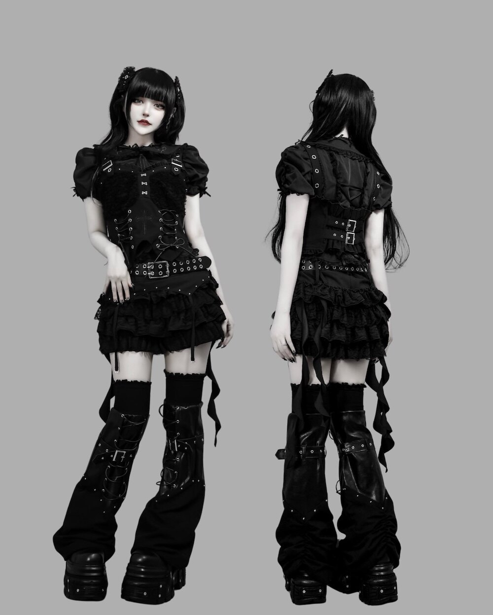 thumbnail for Japanese Gothic Subculture Four-Piece Set: Half-sleeve shirt + skirt pants + cinched vest + strappy leg sleeve Y2K